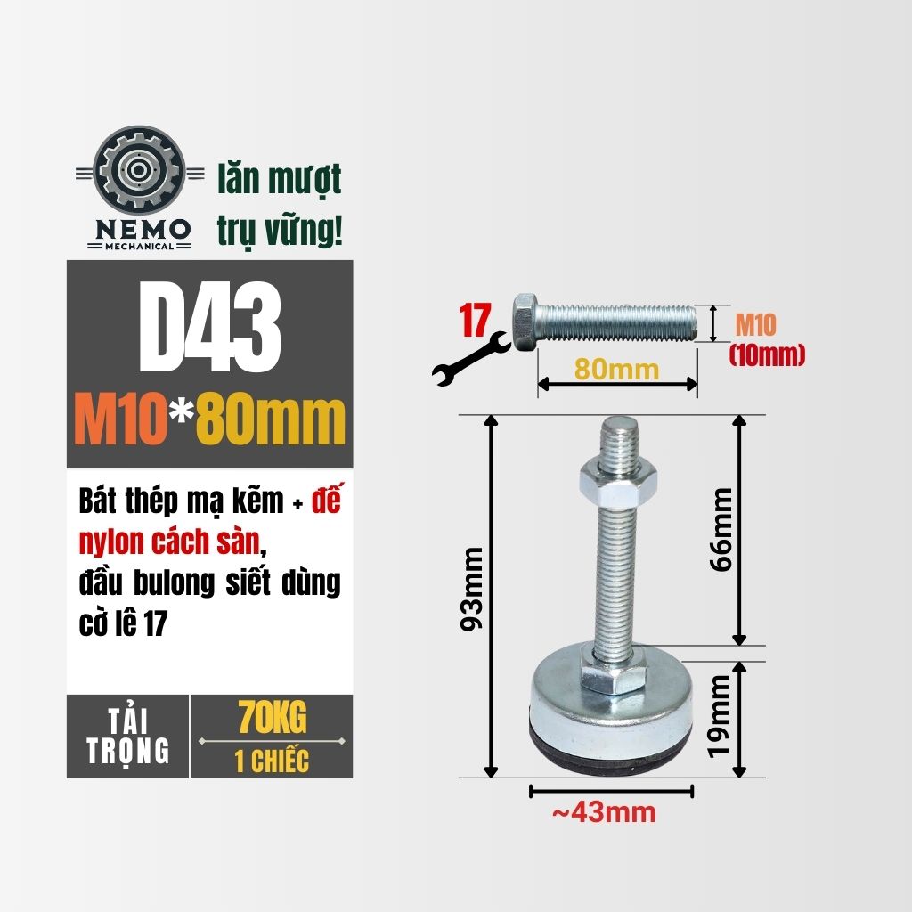 Chân Tăng Chỉnh Chống Rung – Đế Nylon, Cân Bằng Máy Móc (M10, M12)
